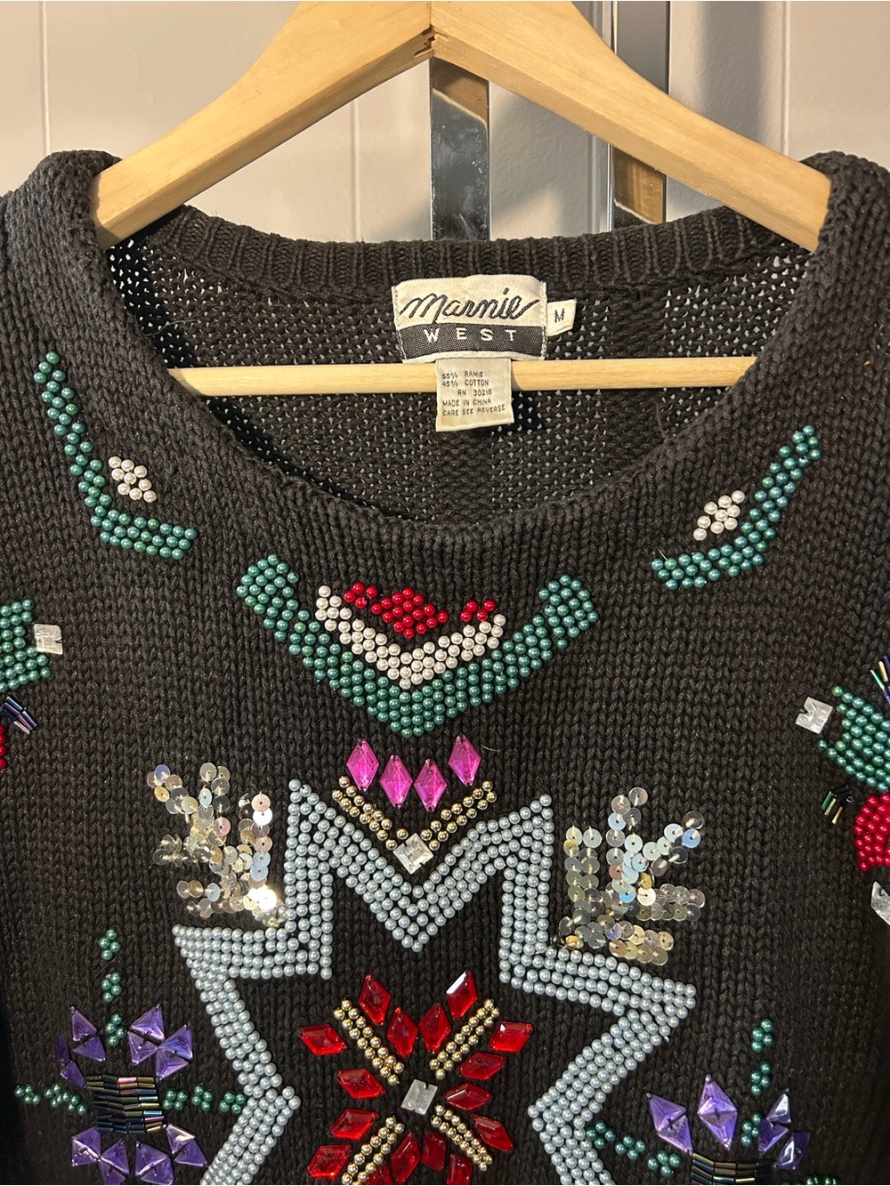 Marnie West Vintage Snowflake Christmas Sweater Heavy Beads Sequin Black - Picture 3 of 5